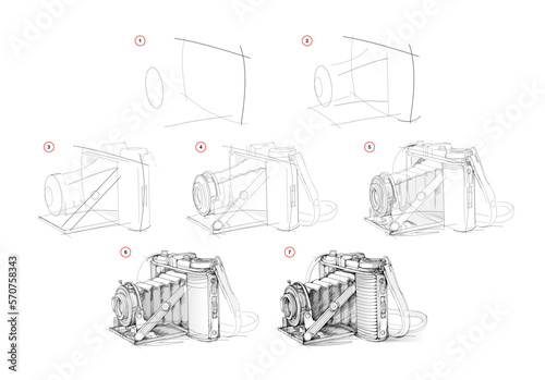 Page shows how to learn to draw sketch of old camera. Pencil drawing lessons. Educational page for artists. Textbook for developing artistic skills. Online education. Vector illustration. photo
