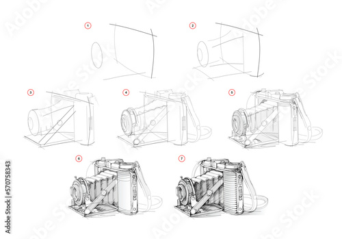 Page shows how to learn to draw sketch of old camera. Pencil drawing lessons. Educational page for artists. Textbook for developing artistic skills. Online education. Vector illustration.