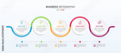 Timeline Infographic Design Template and Business Icon with Five Options or Steps. Wavy Workflow Infographic with Arrow and 5 Steps for Presentations, Finance, and Business Reports.