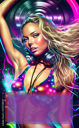 Party flyer for club night, dance party, disco dj, djane, blonde party princess in rainbow bikini, festival poster, concert, fictional character, Generative AI illustration