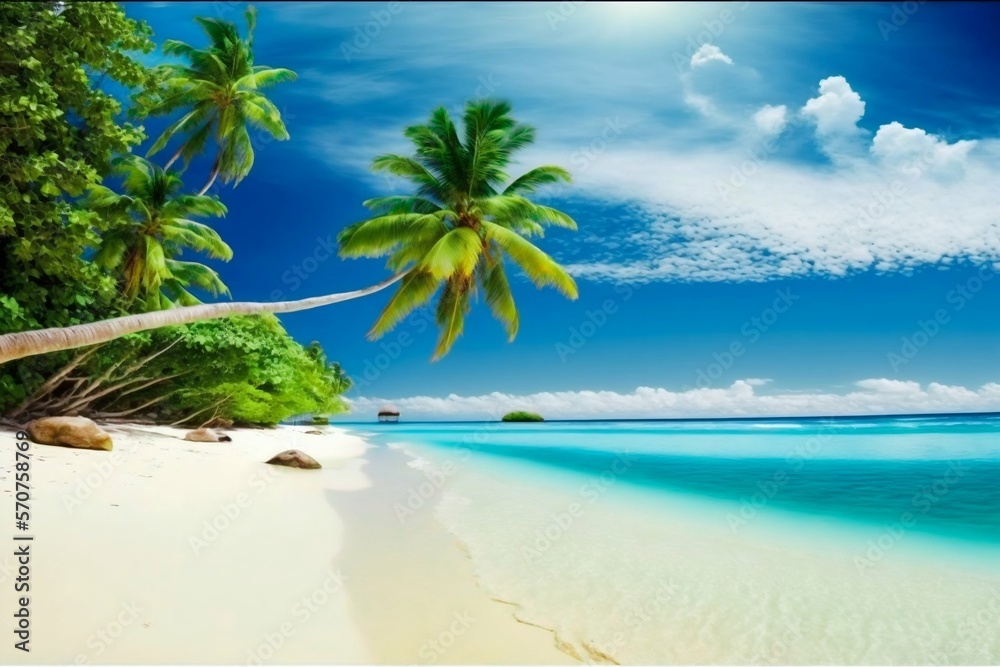 Fototapeta premium Tropical island beach with palms. Generative AI