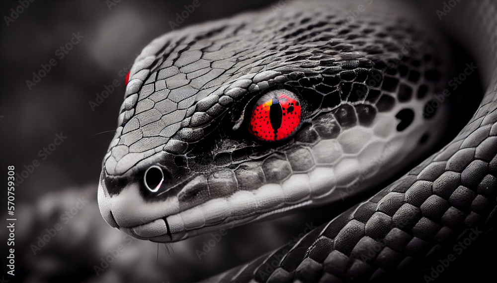 Fototapeta premium Tier Color-Key-Effekt: Schwarz-weiß Foto von einer Schlange mit roten Augen - Generative Ai