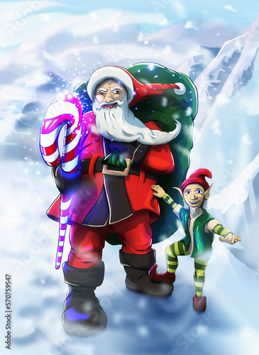 A conceptual illustration of Santa Claus and his helper on an amazing journey to save Christmas. In the background there are mountains with snow.