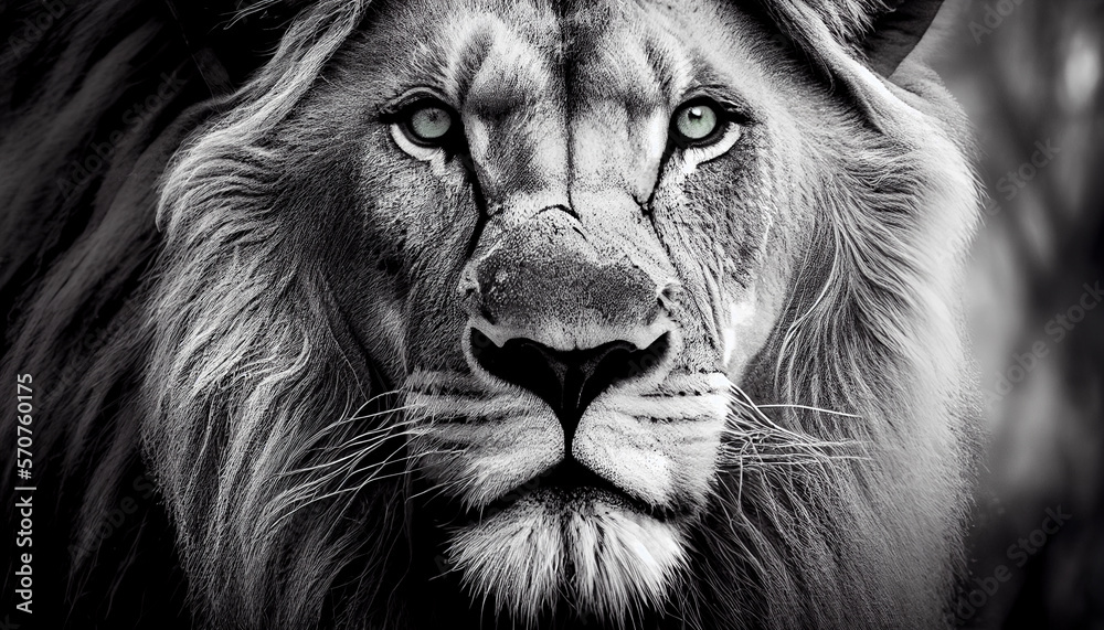 Tier Color-Key-Effekt: Schwarz-weiß Foto von einem Löwen mit blauen Augen - Generative Ai