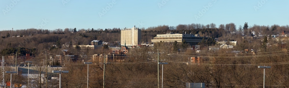 Sherbrooke city in Quebec, Canada. Small city landscape panoramic view downtown winter cityscape with college