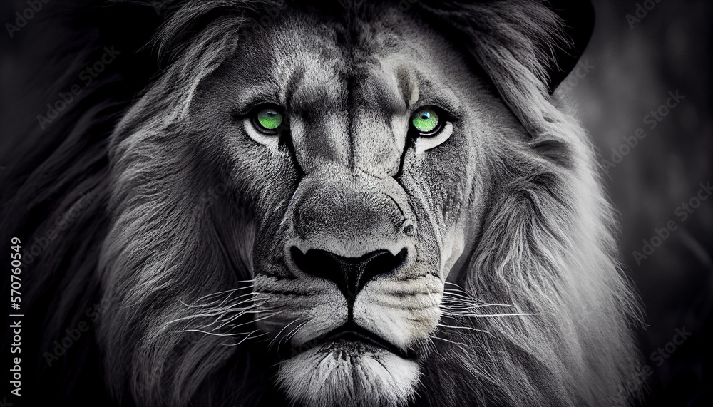 Tier Color-Key-Effekt: Schwarz-weiß Foto von einem Löwen mit grünen Augen - Generative Ai