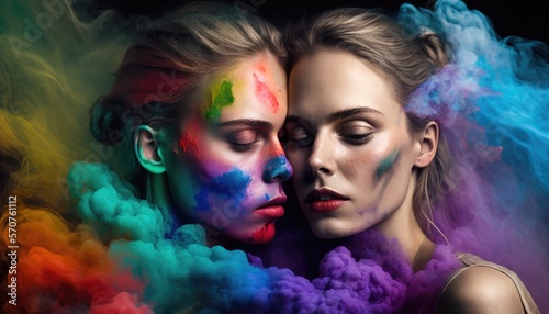 attractive young lesbians embracing amidst colorful smoke. Generative AI © Adriana