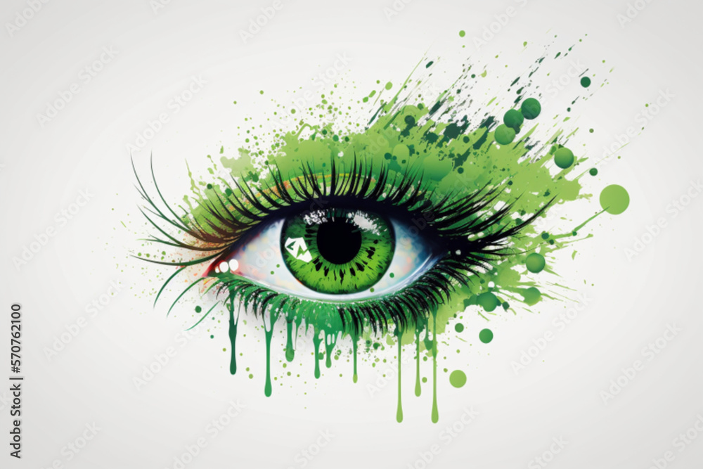 Close up of a person's eye with splashes of green and  a white background