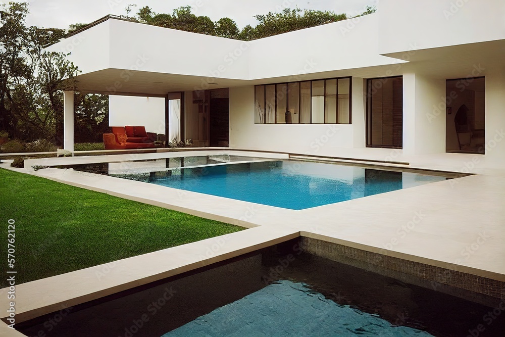 Modern patio outdoor with swimming pool. Modern house interior and exterior design Modern patio outdoor with swimming pool. Modern house interior and exterior design