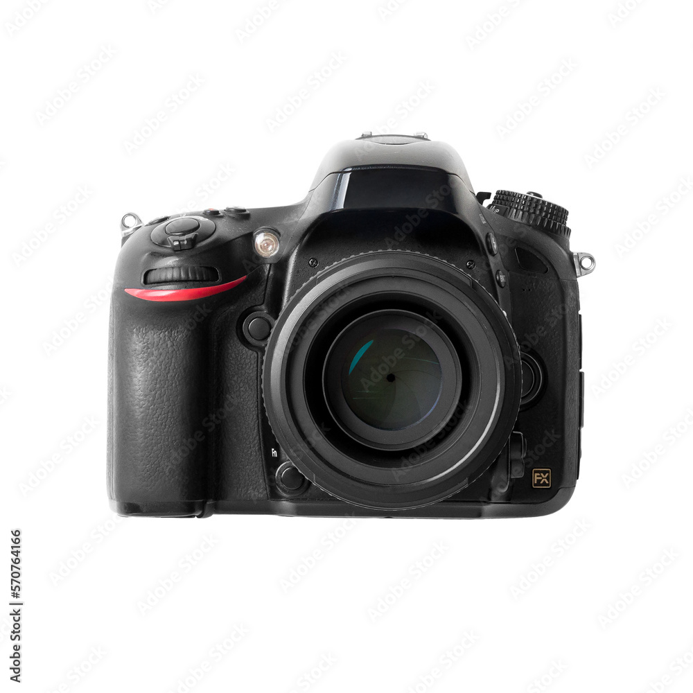Professional DSLR digital camera body with 50mm lens  isolated on transparent background. High resolution.
