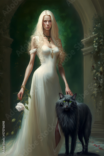 a beautiful white-haired lady standing beside a big cat wear white-long dress photo