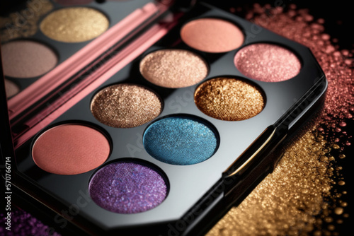 Makeup palette with different glitter colors and shades. Professional cosmetics for women.