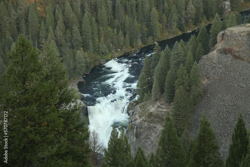 Lower Mesa Falls waterfall on Henrys Fork of the Snake River at Lower Falls Viewpoint along Mesa Falls Scenic Byway, Idaho