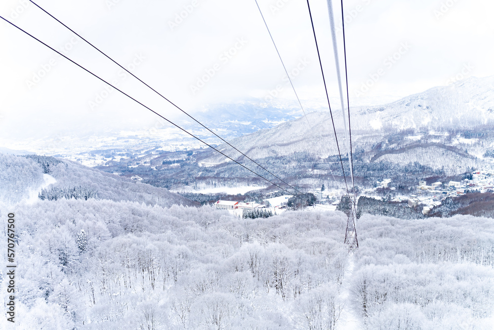 Fototapeta premium Point of view cableway moving up to snowy mountain peak ski resort. Aerial view of pine tree forest mountain covered in snow under cable car. Ski lift transportation and winter travel vacation concept