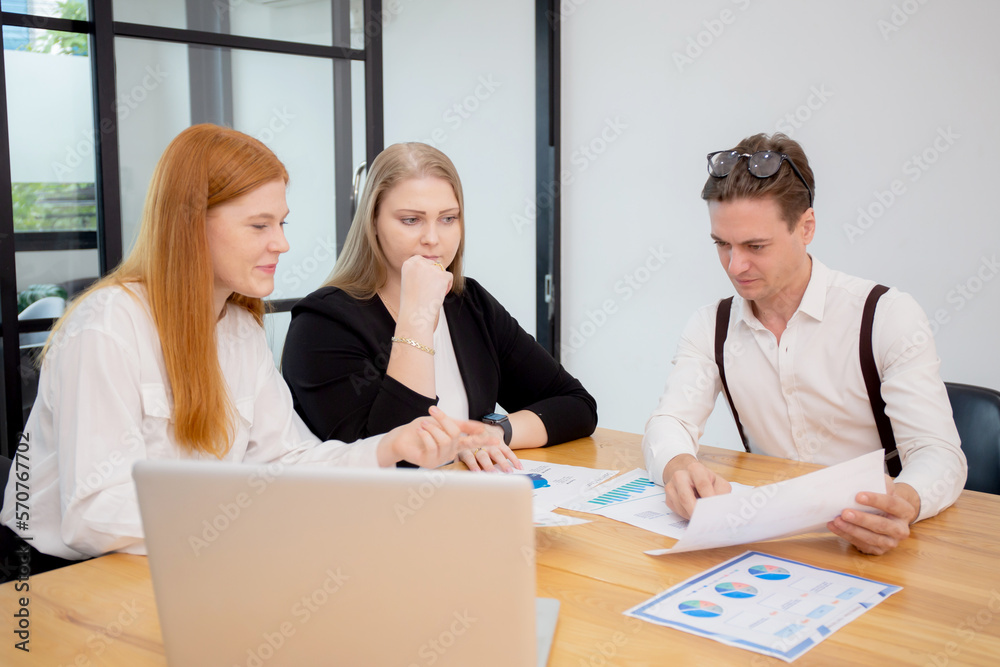 Group of business people meeting team for planning and strategy marketing at office, manager and partner discussing conference about finance and statistics of investment with graph and chart report.