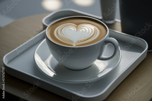 Stylish white ceramic coffee cup with a stunning heart-shaped latte art sitting on a sleek metal tray, generative ai