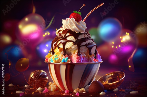 Ice Cream Sundae Cherry Top Whipped Cream Chocolate Caramel Vanilla Strawberry Delicious Party Colorful Dessert Background Image