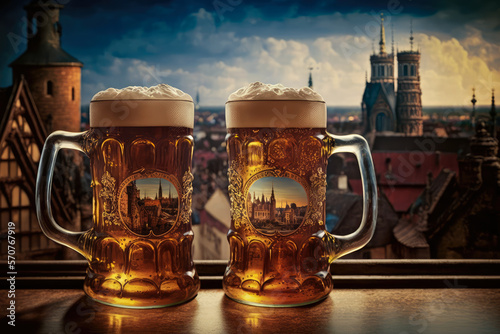 Two large beer steins on a bar with a view of a bustling city in the background, generative ai