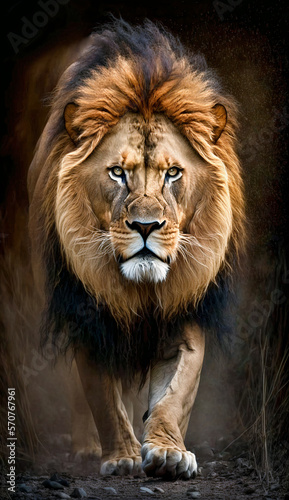 Wild lion looking back or eye to eye in the jungle.