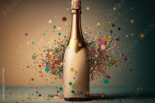Vibrant bottle of champagne with golden glitter and confetti on a textured beige background, generative ai