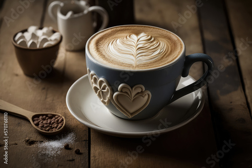 Warm and inviting coffee scene with a heart-shaped latte art on a white cup on a cozy wooden table  generative ai