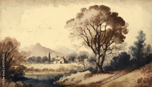 Fototapeta Naklejka Na Ścianę i Meble -  Fine Art Painting Landscape of a Countryside, Digital Illustration of a Vintage Oil Painting of Nature, Beautiful Trees, Mountains, and Rivers, Watercolor Style Portrait on Cream Background, Scenic 