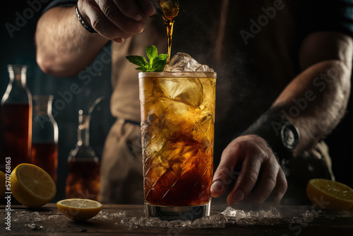 A bartender mixing a fresh batch of Long Island Ice Tea with precision, generative ai