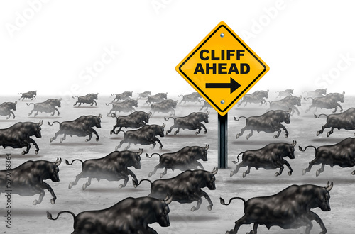 Fotografie Following The Herd Danger as groupthink with a group of bulls heading to their d