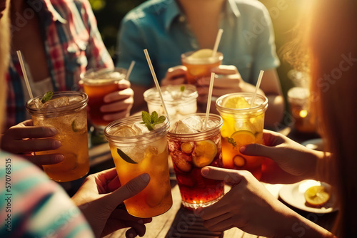 A group of friends toasting with Long Island Ice Tea at a summer barbeque  generative ai