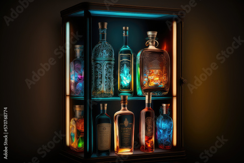 Assortment of liquor bottles in a classy liquor cabinet with lighting effect, generative ai