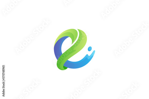 Letter e logo with water splash combination in 3d design style