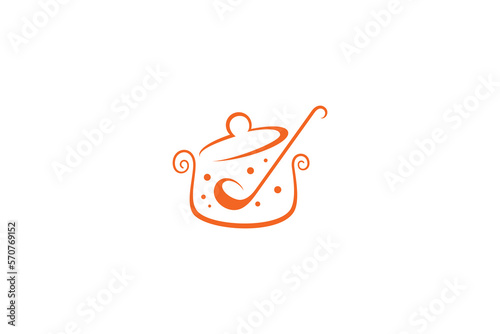 Pot logo with soup spoon in simple design style