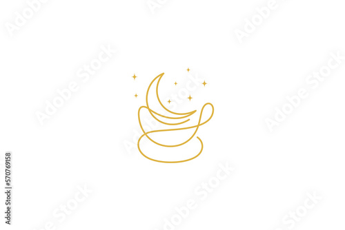 Cup logo with crescent moon decorated with stars in one line design style