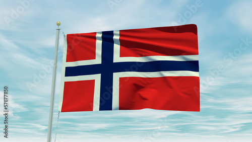 Seamless loop animation of the Norway flag on a blue sky background. 3D Illustration