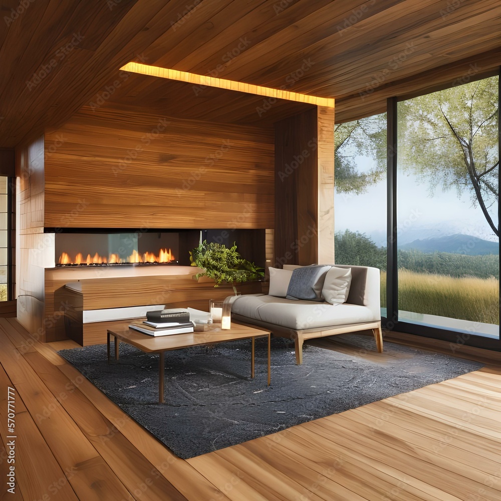 Modern home with a warm wood interior and a central fireplace2, Generative AI Modern home with a warm wood interior and a central fireplace2, Generative AI