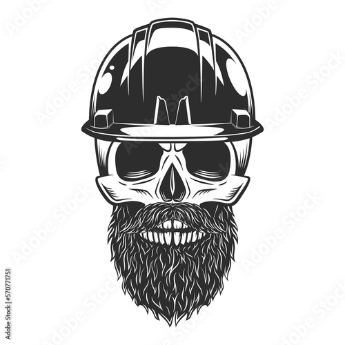 Skull with beard and mustache in the miner or construction hard hat helmet vector illustration