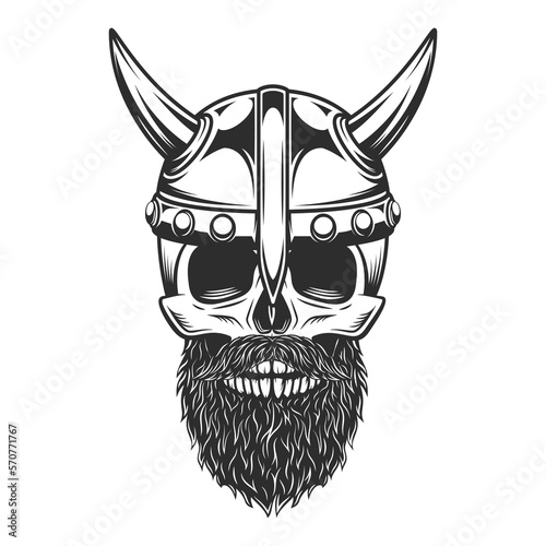 Monochrome vintage skull with beard and mustache in viking helmet with horn vector illustration