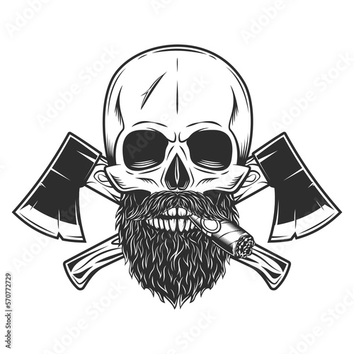 Skull smocking cigar or cigarette with mustache and beard and crossed wooden axe business woodworking or lumberjack emblem construction builder tool