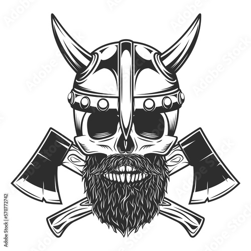 Viking skull bearded and mustached in horned helmet with crossed axes in vintage monochrome style isolated vector illustration