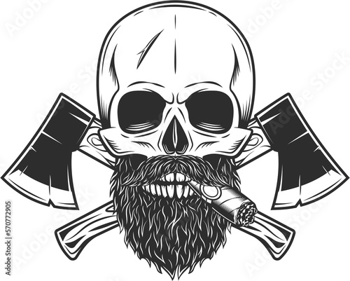 Skull smocking cigar or cigarette with mustache and beard and crossed wooden axe business woodworking or lumberjack emblem construction builder tool
