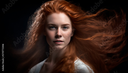 woman with long red hair on black studio background. Generative AI