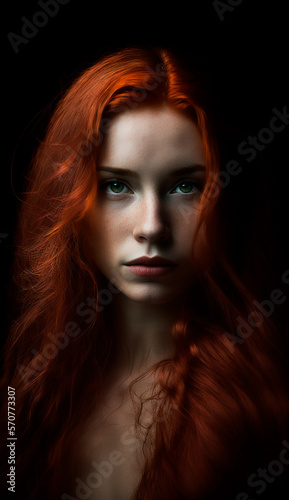 woman with long red hair on black studio background. Generative AI