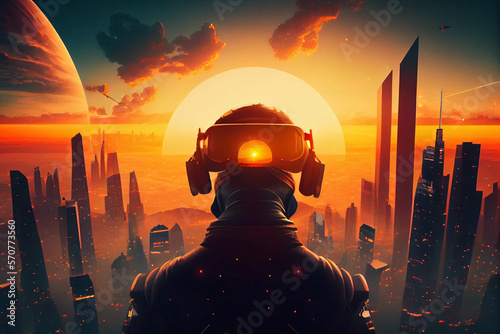 Digital City Sunset - Futuristic cyberpunk scene with virtual reality immersion and neon lights