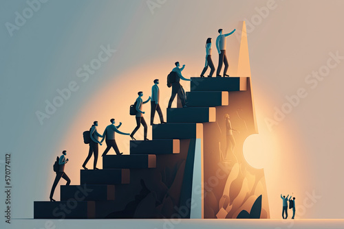Leader takes team up the steps towards goal, showcasing leadership, Influence, Vision, Inspiration, Strategy, Empowerment, Communication, Decision-making