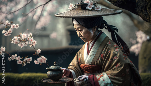 Traditional Japanese woman in kimono from ancient japan serving tea with yoshino cherry trees in background full of blooming cherry blossoms illustration,  ai. photo