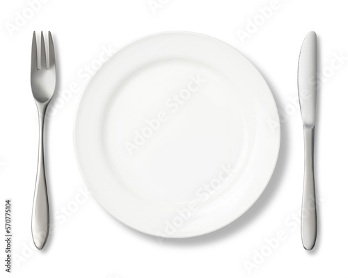 Fotobehang 白い皿と、ナイフ、フォーク。料理、レストラン、レシピなどのイメージ
