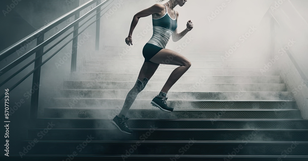 a sporty young woman quickly runs up a flight of stairs. Generative AI