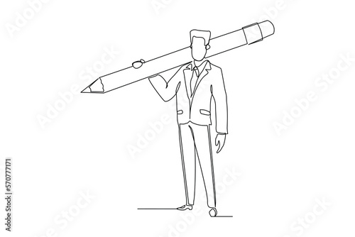 Continuous single one line drawing art businessman holding big pencil. Vector illustration concept of business big deal, office secretary, education, writer