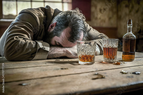 Drunk man lying with his head on a table with many empty bottles of whiskey and a fallen glass. Generative AI