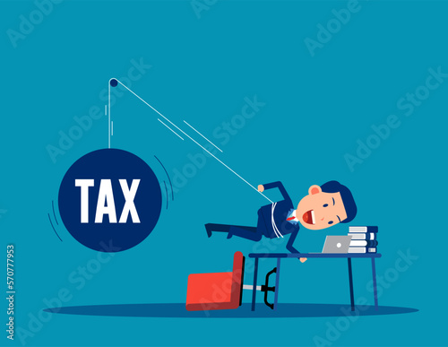 Working taxpayer business person being tied up burden. Business vector illustration